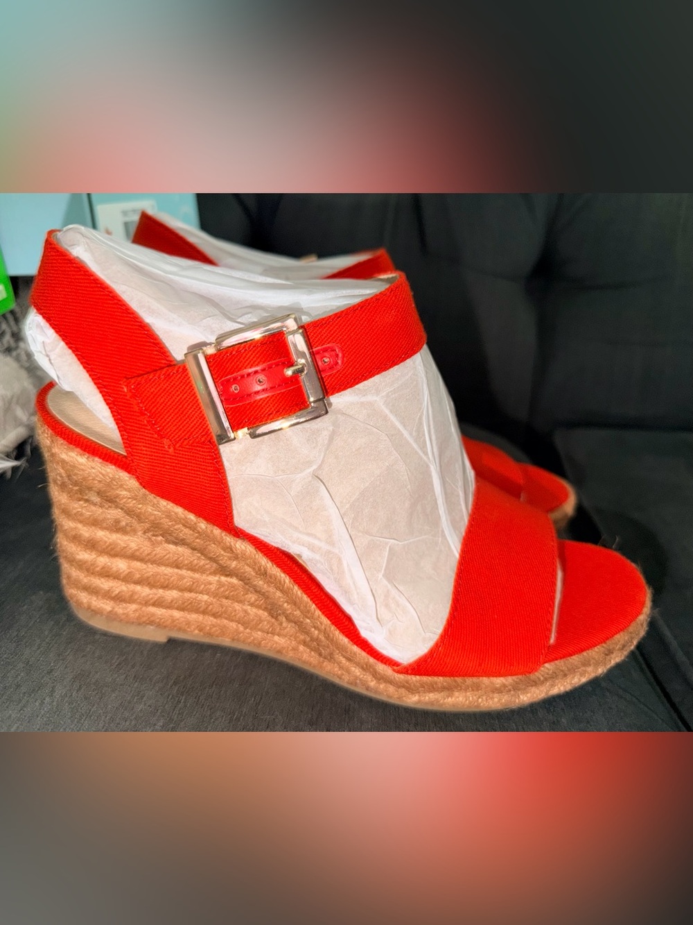NWT Life Stride Orange Espadrille Wedge Sandal with Ankle Strap Size 8W - Picture 4 of 5